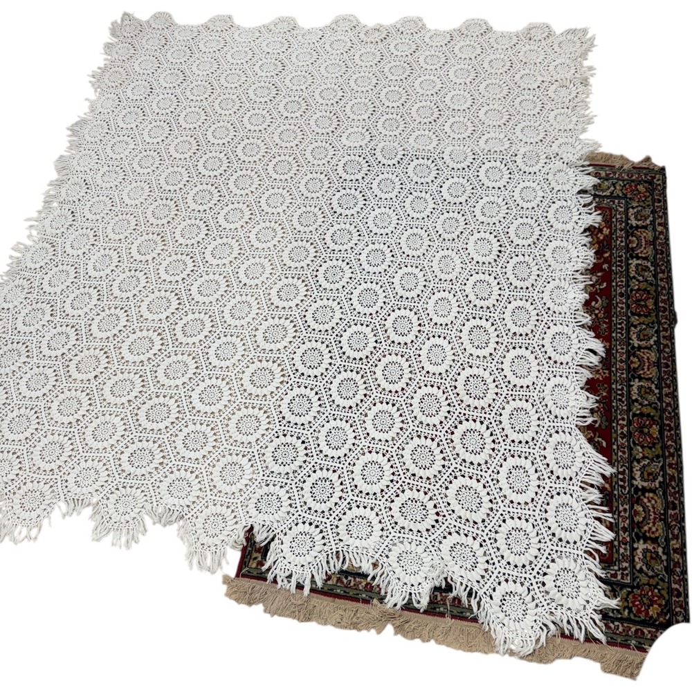 Vintage‎ White Crochet Afghan Blanket Floral Coverlet Starburst Fringe Handmade